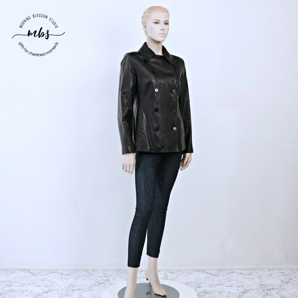 Elie Tahari Genuine Leather Career Chic Double Breasted Pea Coat Black Women M